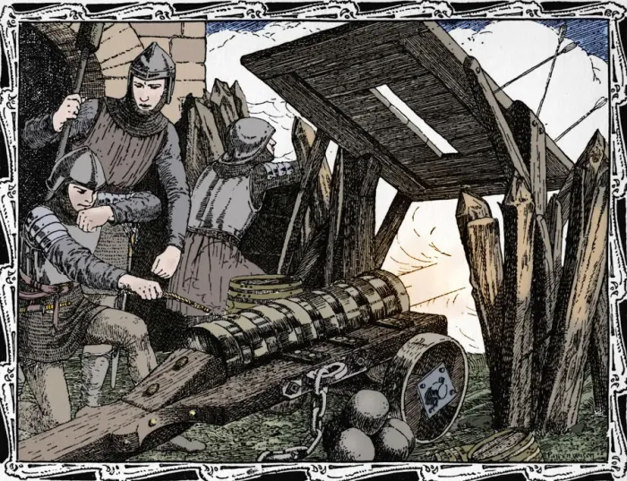 Framed Print : The First Cannon at Crecy, 1902. Artist: Patten Wilson Framed Print : The First Cannon at Crecy, 1902. Artist: Patten Wilson