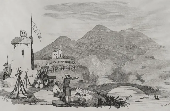 Framed Print : First Carlist War (1833-1840): Attack on Castrejana Bridge in 1835 (1845). Creators: Francisco Sainz, Martinez Framed Print : First Carlist War (1833-1840): Attack on Castrejana Bridge in 1835 (1845). Creators: Francisco Sainz, Martinez