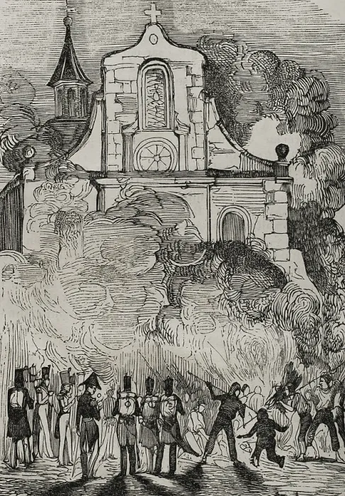 Framed Print : First Carlist War, (1833-1840): Fire at the Franciscan convent in Reus, (Tarragona province), 1845. Creator: Unknown Framed Print : First Carlist War, (1833-1840): Fire at the Franciscan convent in Reus, (Tarragona province), 1845. Creator: Unknown