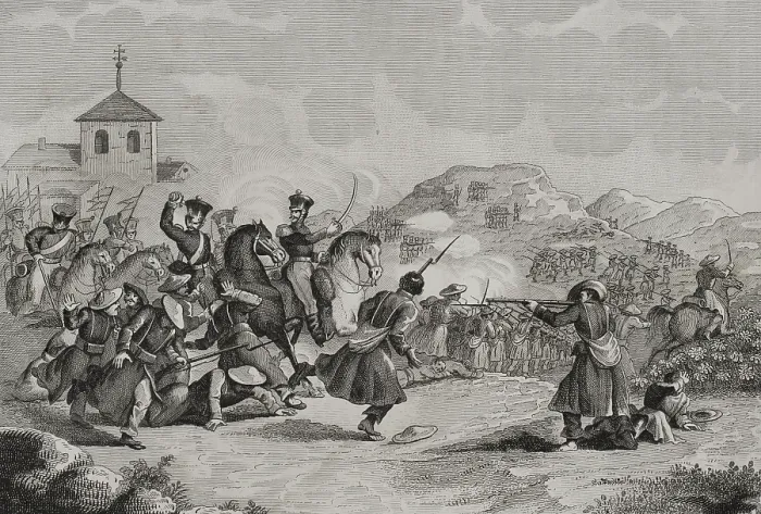 Framed Print : First Carlist War (1833-1840): Skirmish at Hernani, 1842. Creators: Eusebio Zarza, Pedro Celestino Mare Framed Print : First Carlist War (1833-1840): Skirmish at Hernani, 1842. Creators: Eusebio Zarza, Pedro Celestino Mare