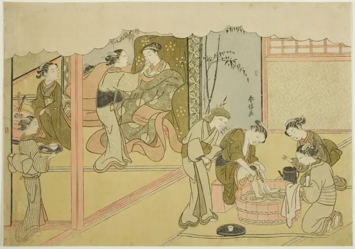 Framed Print : The First Childbirth (Uizan), the seventh sheet of the series Marriage in Brocade... c. 1769. Creator: Suzuki Harunobu Framed Print : The First Childbirth (Uizan), the seventh sheet of the series Marriage in Brocade... c. 1769. Creator: Suzuki Harunobu