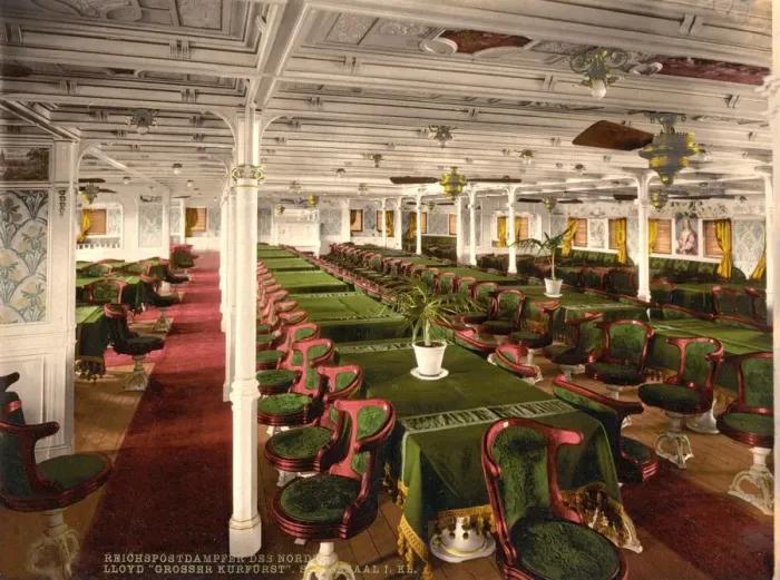 Framed Print : First Class Dining Room on Grosser Kurfurst, pub. C. 1899 (colour lithograph) Framed Print : First Class Dining Room on Grosser Kurfurst, pub. C. 1899 (colour lithograph)
