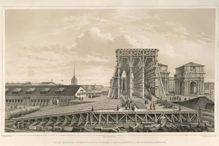 Framed Print : The first column on the construction (From: The Construction of the Saint Isaacs Cathedral), 1845. Artist: Montferrand, Auguste, de (1786-1858) Framed Print : The first column on the construction (From: The Construction of the Saint Isaacs Cathedral), 1845. Artist: Montferrand, Auguste, de (1786-1858)
