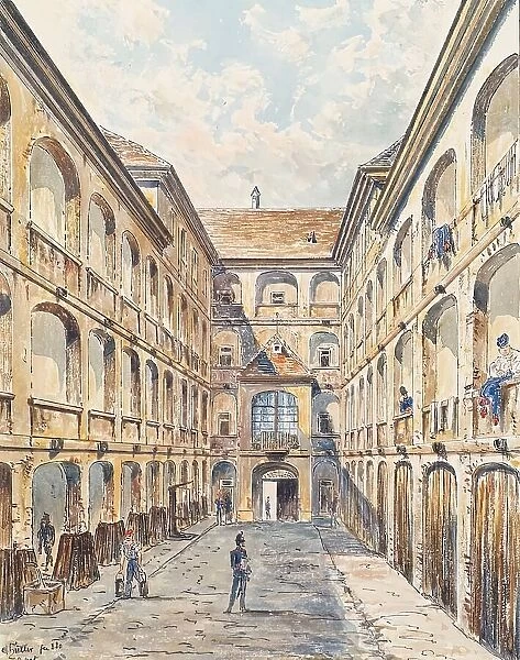 The first courtyard of the Salzgries barracks in Vienna, 1880. Creator: Emil Hutter
