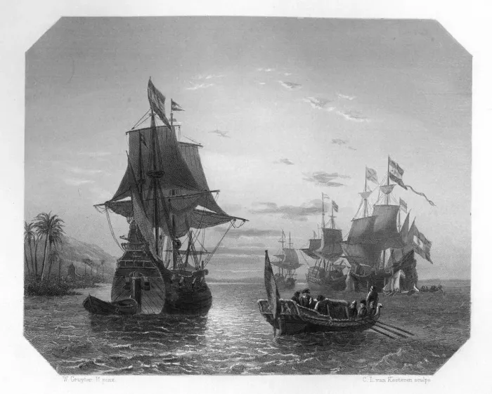 Framed Print : The first Dutch ship in East Indies, 1596, (c1870). Artist: Van Kesteren Framed Print : The first Dutch ship in East Indies, 1596, (c1870). Artist: Van Kesteren