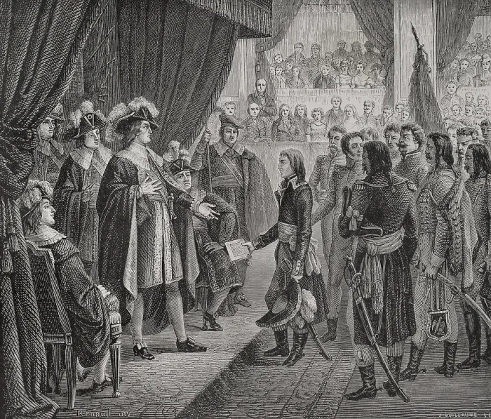 Framed Print : First French Republic: Napoleon Bonaparte presenting to the Directory the Treaty of Campo...1879. Creator: J Guillaume Framed Print : First French Republic: Napoleon Bonaparte presenting to the Directory the Treaty of Campo...1879. Creator: J Guillaume