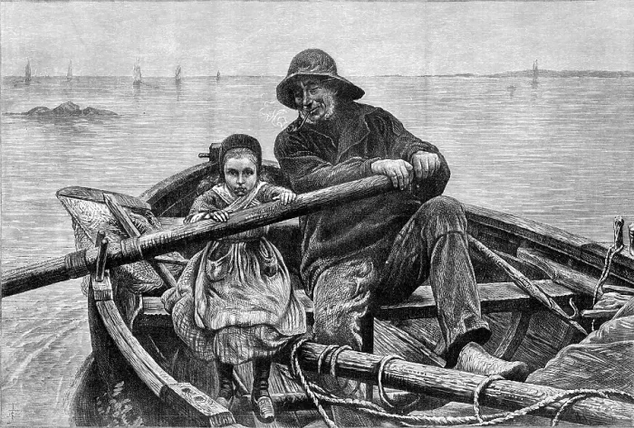 Framed Print : Her First Hand at an Oar - from the picture by M. Renouf, exhibited in the Paris Salon... 1881. Creator: Goupil and Co Framed Print : Her First Hand at an Oar - from the picture by M. Renouf, exhibited in the Paris Salon... 1881. Creator: Goupil and Co