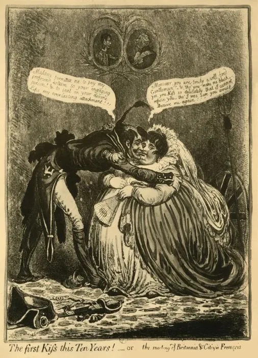 Framed Print : The first Kiss this Ten Years! - or - the meeting of Britannia & Citizen Francois Framed Print : The first Kiss this Ten Years! - or - the meeting of Britannia & Citizen Francois