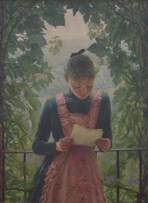 Framed Print : The first letter, 1890. Creator: Morbelli, Angelo (1853-1919) Framed Print : The first letter, 1890. Creator: Morbelli, Angelo (1853-1919)