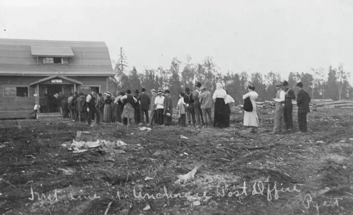 Framed Print : First line at Anchorage Post Office, between c1900 and c1930. Creator: Unknown Framed Print : First line at Anchorage Post Office, between c1900 and c1930. Creator: Unknown