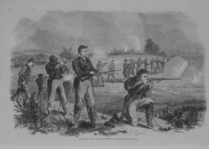 Framed Print : The First Maine Cavalry Skirmishing, 1863. Creator: Alfred Waud Framed Print : The First Maine Cavalry Skirmishing, 1863. Creator: Alfred Waud