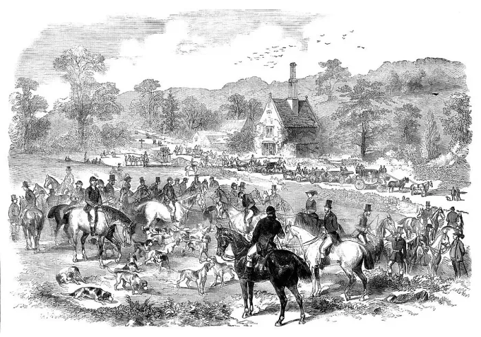 Framed Print : First Meet of the Season of the Cotswold Hounds, 1858. Creator: Unknown Framed Print : First Meet of the Season of the Cotswold Hounds, 1858. Creator: Unknown