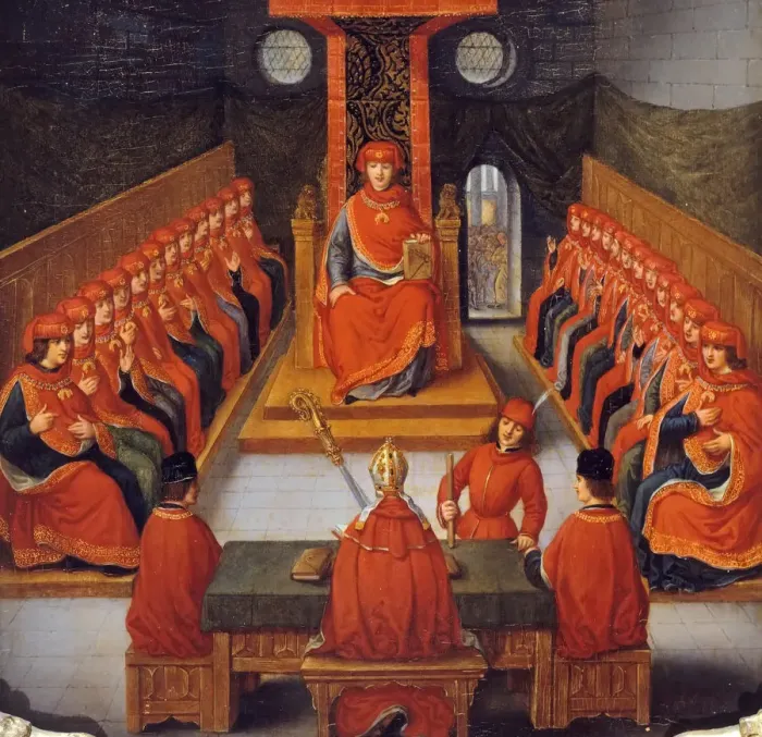Framed Print : First meeting of the Order of the Golden Fleece held by Philip III the Good, Duke of Burgundy, 10 Ja Artist: Albrier, Joseph (1791-1863) Framed Print : First meeting of the Order of the Golden Fleece held by Philip III the Good, Duke of Burgundy, 10 Ja Artist: Albrier, Joseph (1791-1863)