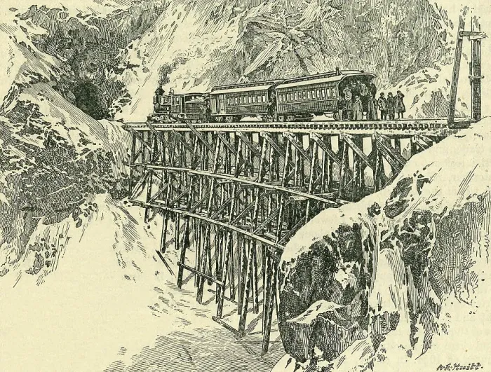 Framed Print : The First Passenger Train Over the White Pass and Yukon Route to Klondike in Pursuit of Gold, c1900 Creator: A.E. Huitt Framed Print : The First Passenger Train Over the White Pass and Yukon Route to Klondike in Pursuit of Gold, c1900 Creator: A.E. Huitt