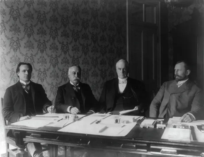 Framed Print : First Philippine Commission: Jacob G. Schurman, Admiral Dewey, Charels Denby and Dean... 1899. Creator: Unknown