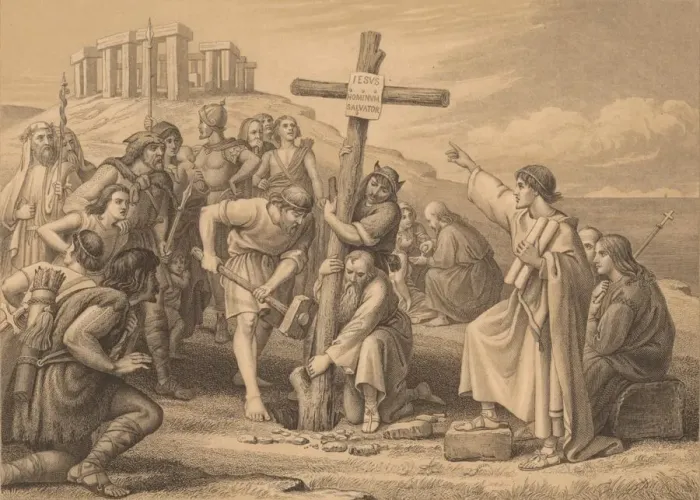 Framed Print : The First Preaching of Christianity in Britain, c1900. Artist: John Easton Framed Print : The First Preaching of Christianity in Britain, c1900. Artist: John Easton