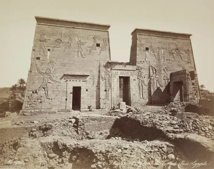 Framed Print : First Pylon of the Temple of Isis at Philae, 19th century. Creator: Maison Bonfils Framed Print : First Pylon of the Temple of Isis at Philae, 19th century. Creator: Maison Bonfils