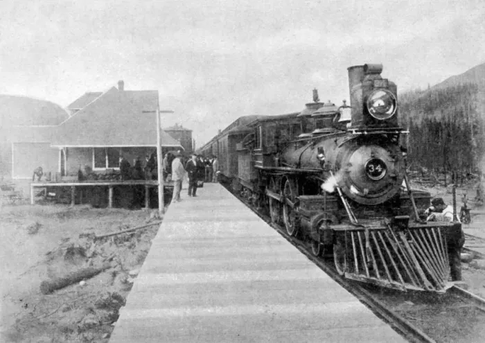 Framed Print : The first regular trans-continental train at Fernie, British Columbia, Canada, 1886 (1951) Framed Print : The first regular trans-continental train at Fernie, British Columbia, Canada, 1886 (1951)