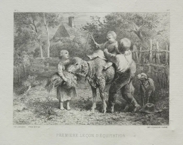 Framed Print : First Riding Lesson. Creator: Charles-Emile Jacque (French, 1813-1894) Framed Print : First Riding Lesson. Creator: Charles-Emile Jacque (French, 1813-1894)