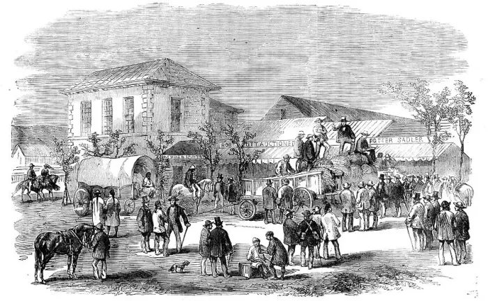 Framed Print : First Sale of Sugar in the Market Square of D'Urban, Port Natal, 1856. Creator: Unknown Framed Print : First Sale of Sugar in the Market Square of D'Urban, Port Natal, 1856. Creator: Unknown