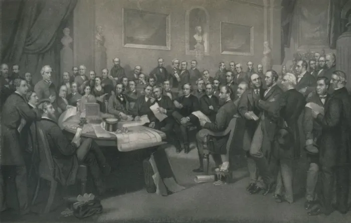 Framed Print : The First School Board of London, c1873, (1917). Artist: John Whitehead Walton Framed Print : The First School Board of London, c1873, (1917). Artist: John Whitehead Walton