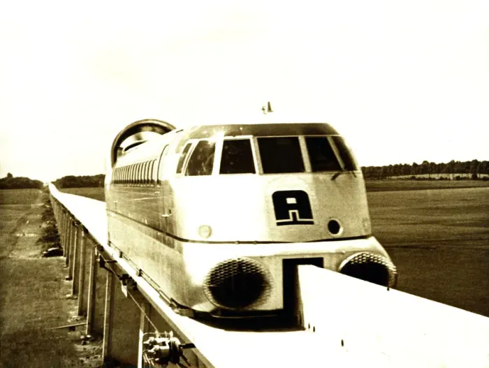 Framed Print : First showing of an inter-city aerotrain near Orleans, France Framed Print : First showing of an inter-city aerotrain near Orleans, France