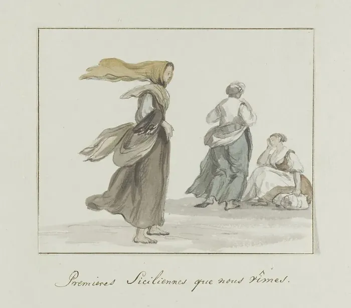 Framed Print : First Sicilians who see the travelers, 1778. Creator: Louis Ducros Framed Print : First Sicilians who see the travelers, 1778. Creator: Louis Ducros