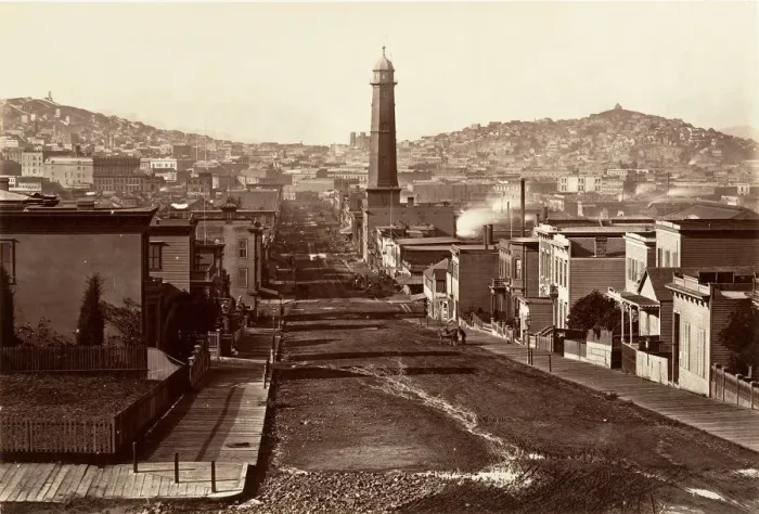 Framed Print : First Street, San Francisco, 1864, printed ca. 1876. Creator: Carleton Emmons Watkins Framed Print : First Street, San Francisco, 1864, printed ca. 1876. Creator: Carleton Emmons Watkins