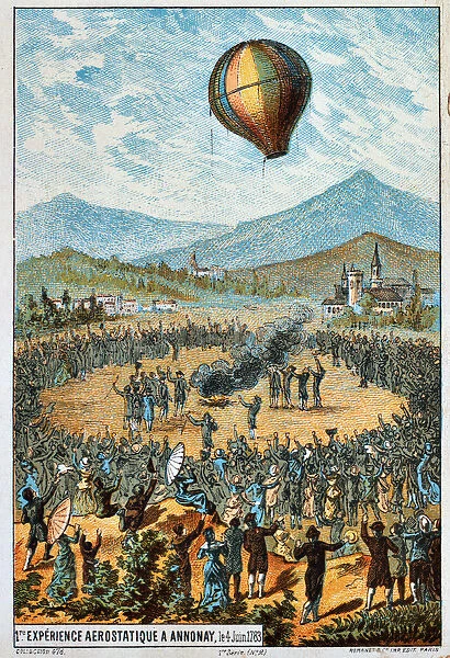 First test flight of a hot air balloon at Annonay, France, 4 June, 1783 (1890s)
