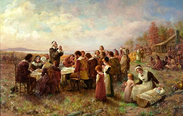 The First Thanksgiving at Plymouth, 1914. Creator: Brownscombe, Jennie Augusta (1850-1936)