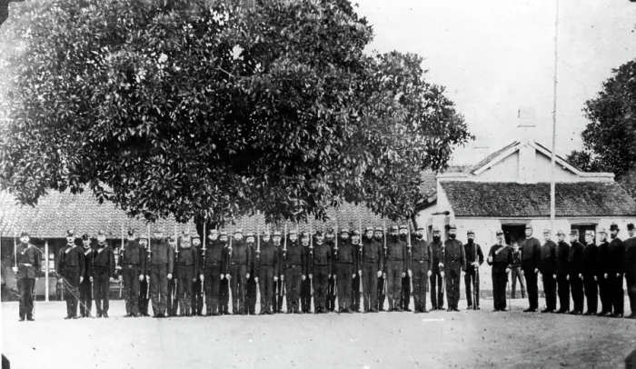 Framed Print : First troops assembled in Brisbane. Creator: Unknown Framed Print : First troops assembled in Brisbane. Creator: Unknown