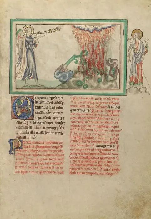 Framed Print : The First Trumpet: Hail and Fire Fall from Heaven; Dyson Perrins Apocalypse, about 1255-1260. Creator: Unknown Framed Print : The First Trumpet: Hail and Fire Fall from Heaven; Dyson Perrins Apocalypse, about 1255-1260. Creator: Unknown