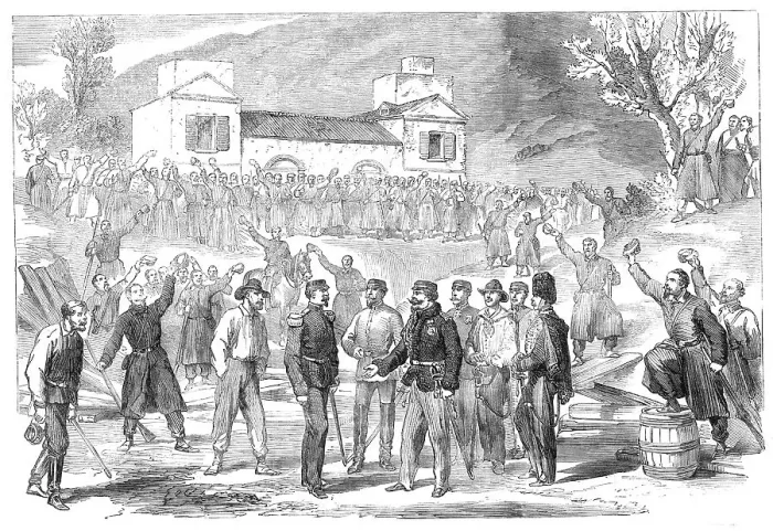 Framed Print : The first visit of Victor Emmanuel to the camp of the national army at St. Angelo... 1860. Creator: Unknown Framed Print : The first visit of Victor Emmanuel to the camp of the national army at St. Angelo... 1860. Creator: Unknown