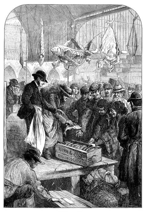 Framed Print : A fish auction in Columbia Market, 1871. Creator: Unknown Framed Print : A fish auction in Columbia Market, 1871. Creator: Unknown