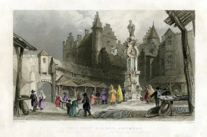 Framed Print : The Fish Market, Antwerp, Belgium, 19th century. Artist: J Rogers Framed Print : The Fish Market, Antwerp, Belgium, 19th century. Artist: J Rogers