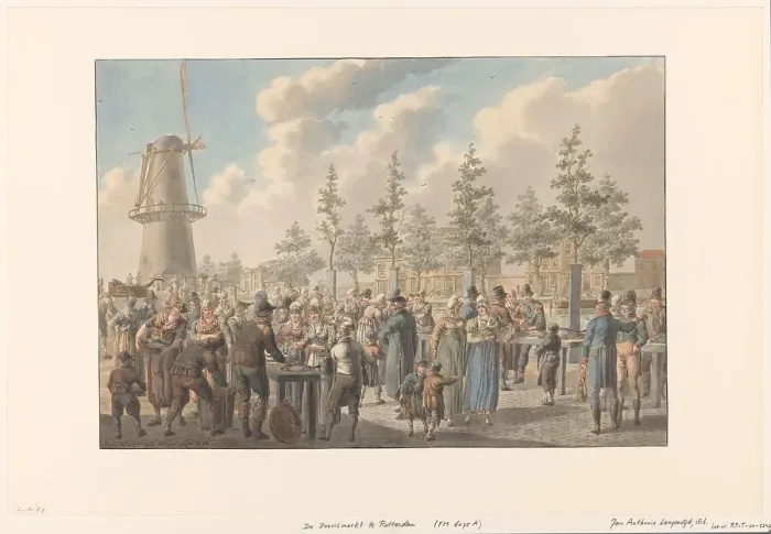 Framed Print : Fish market in Rotterdam, 1816. Creator: Jan Antony Langendijk
