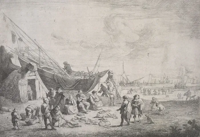 Framed Print : The fish-market on the shore at Scheveningen, 1673-1719. Creator: Peeter Bout Framed Print : The fish-market on the shore at Scheveningen, 1673-1719. Creator: Peeter Bout