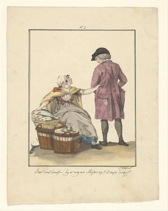 Framed Print : Fish seller and customer, 1803-c.1899. Creator: J. Enklaar Framed Print : Fish seller and customer, 1803-c.1899. Creator: J. Enklaar