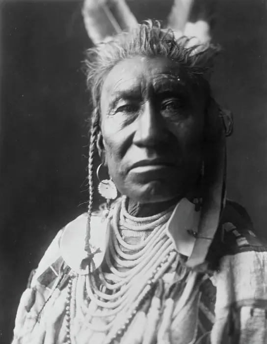 Framed Print : Fish Shows, an Apsaroke Indian, head-and-shoulders portrait, facing front, pompadour... c1908. Creator: Edward Sheriff Curtis Framed Print : Fish Shows, an Apsaroke Indian, head-and-shoulders portrait, facing front, pompadour... c1908. Creator: Edward Sheriff Curtis