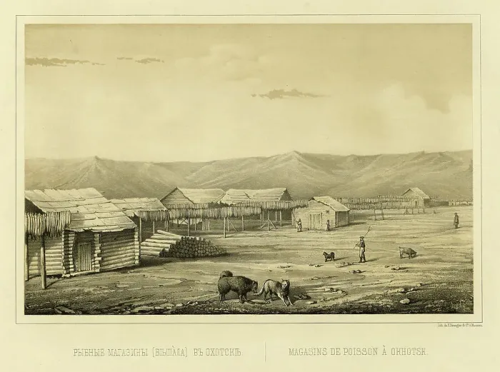 Framed Print : Fish Storehouses (Drying Racks) at Okhotsk, 1856. Creator: Ivan Dem'ianovich Bulychev Framed Print : Fish Storehouses (Drying Racks) at Okhotsk, 1856. Creator: Ivan Dem'ianovich Bulychev