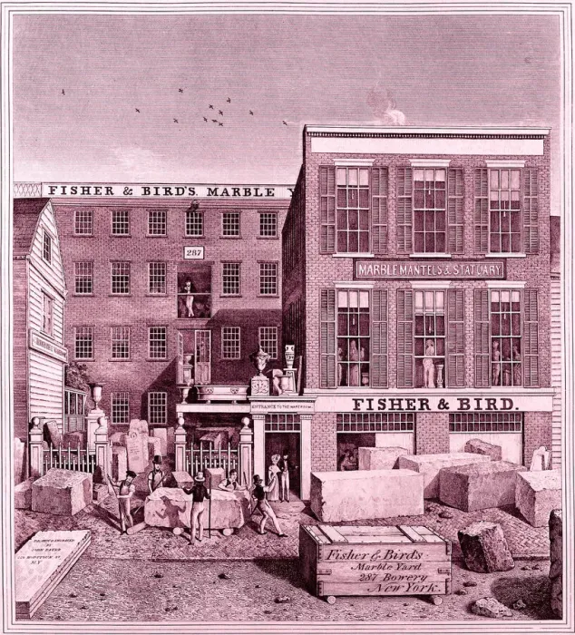 Framed Print : Fisher & Birds Marble Yard, 287 Bowery, New York, ca. 1836. Creator: John Baker Framed Print : Fisher & Birds Marble Yard, 287 Bowery, New York, ca. 1836. Creator: John Baker