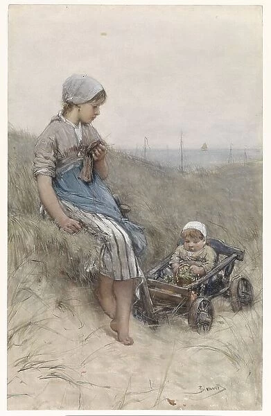Fisher-girl with child in cart in the dunes, 1880. Creator: Bernardus Johannes Blommers