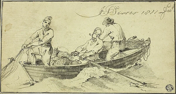 Three Fisherman in a Boat, 1811. Creator: John Thomas Serres