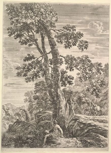 A fisherman at center facing left and leaning against a large tree, a woman walking