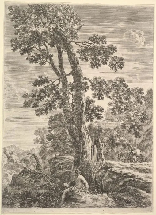 Framed Print : A fisherman at center facing left and leaning against a large tree, a woman walking Framed Print : A fisherman at center facing left and leaning against a large tree, a woman walking