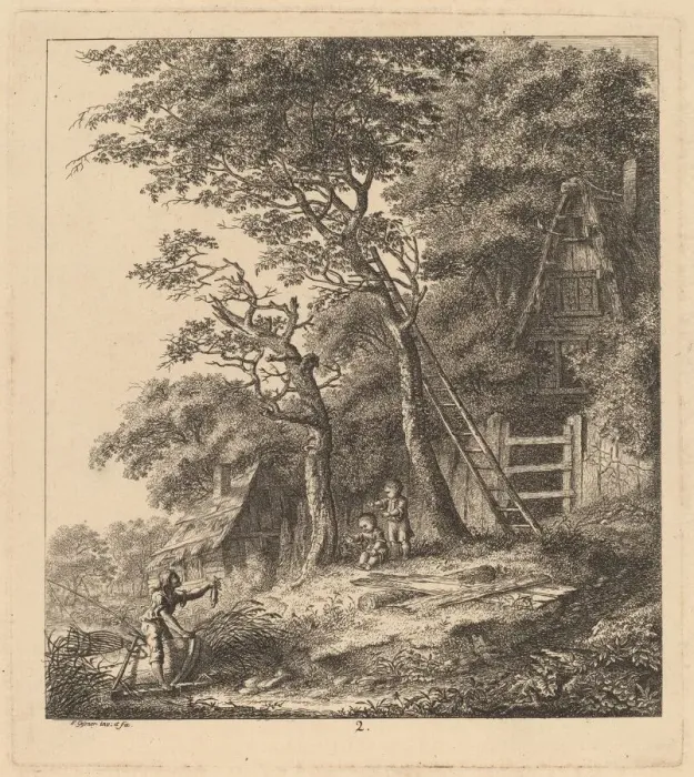 Framed Print : A Fisherman and Two Children in a Landscape with Thatched Cottages, 1764
