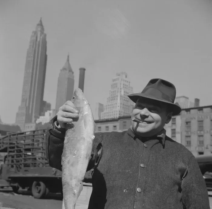 Framed Print : Fisherman holding a large catch at the Fulton fish market, New York, 1943. Creator: Gordon Parks Framed Print : Fisherman holding a large catch at the Fulton fish market, New York, 1943. Creator: Gordon Parks