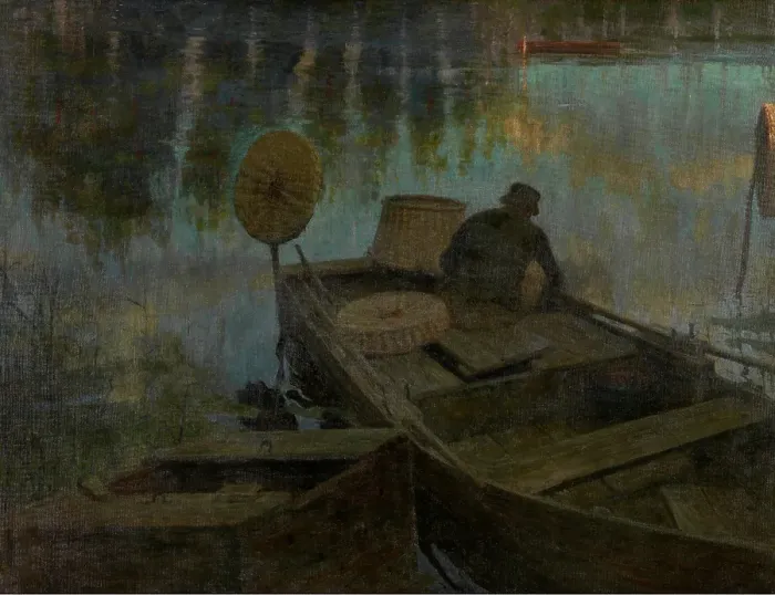 Framed Print : Fisherman in the Moonlight, c1890s. Creator: Charles Mertens Framed Print : Fisherman in the Moonlight, c1890s. Creator: Charles Mertens