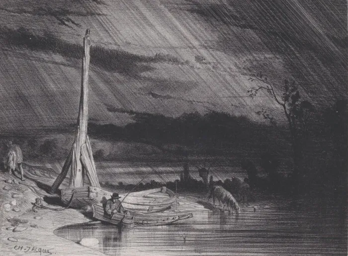 Framed Print : The Fisherman, Rainy Weather, ca. 1853. Creator: Charles Emile Jacque Framed Print : The Fisherman, Rainy Weather, ca. 1853. Creator: Charles Emile Jacque