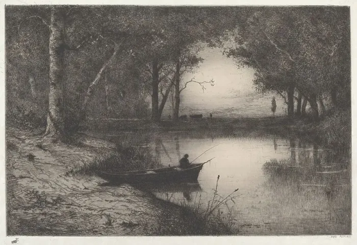 Framed Print : A Fisherman in a Wooded Pond at Evening, 1887. Creator: Adolphe Appian Framed Print : A Fisherman in a Wooded Pond at Evening, 1887. Creator: Adolphe Appian
